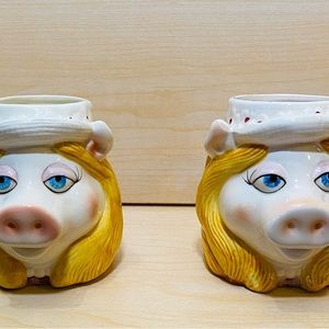 TWO (2) Vintage 1980 Handpainted Sigma Muppets Miss Piggy Porcelain Mugs